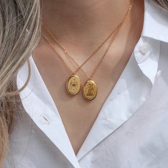 Cancer Zodiac Pendant Necklace 18K Gold Plated Stainless Steel Astrology - Picture 3 of 5